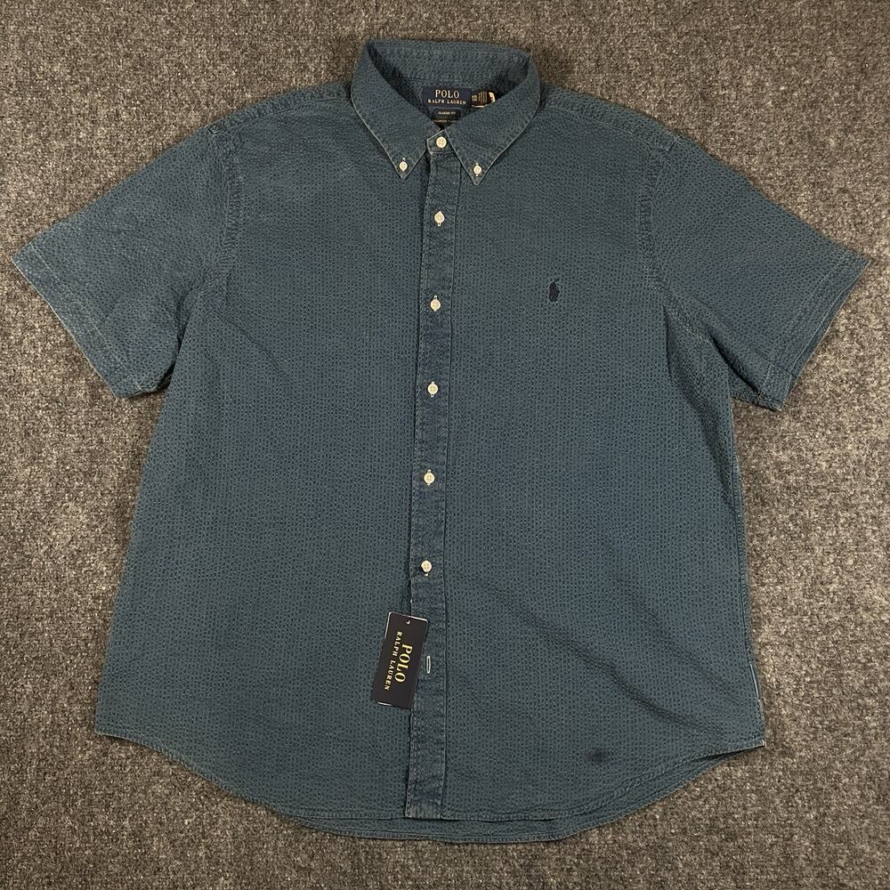 NEW Polo Ralph Lauren Seersucker Shirt XXL Blue Short Sleeve Button Down